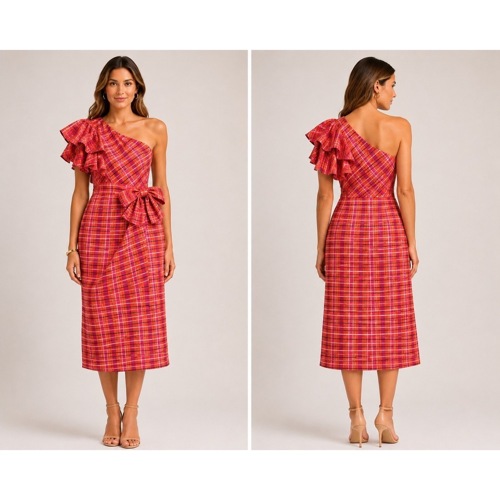 J. Crew Sheath Dress Orange Women's 8 One-shoulder Bow in Plaid Cocktail AP218